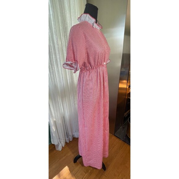 Vintage 70s dress, red striped long shirtdress with elastic waist, ruffled - Picture 7 of 9